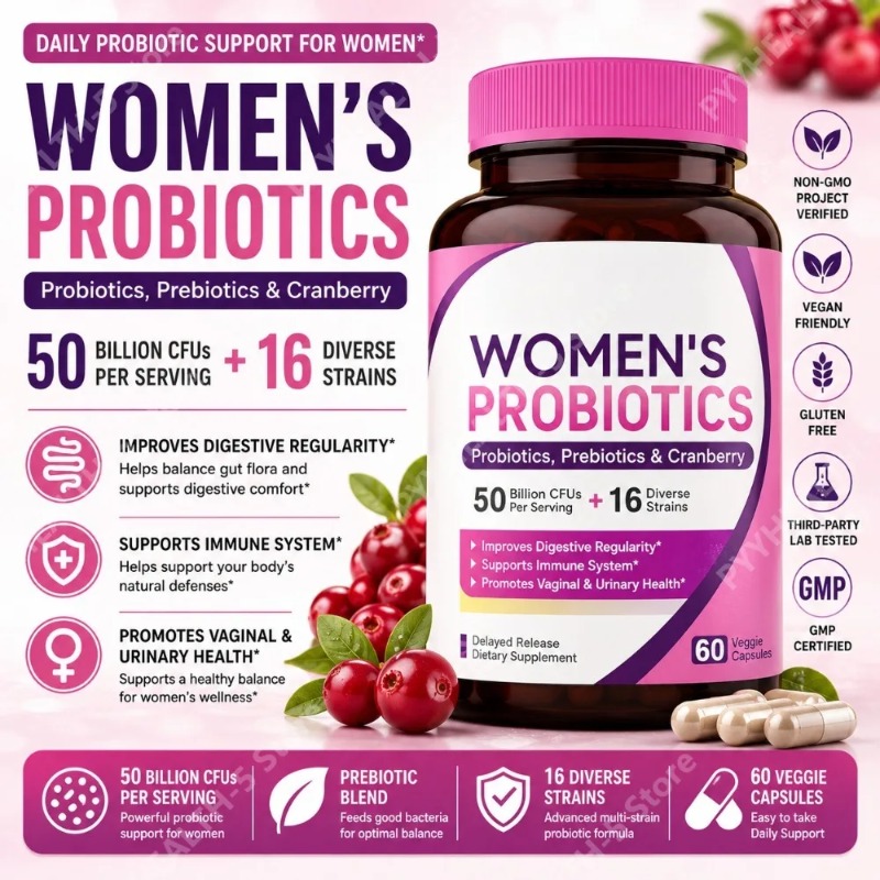Probiotic 60 Billion - 女性用プロバイオティクス 500億CFU 16株 プレバイオティクス配合 クランベリー入り 60粒ベジカプセル
