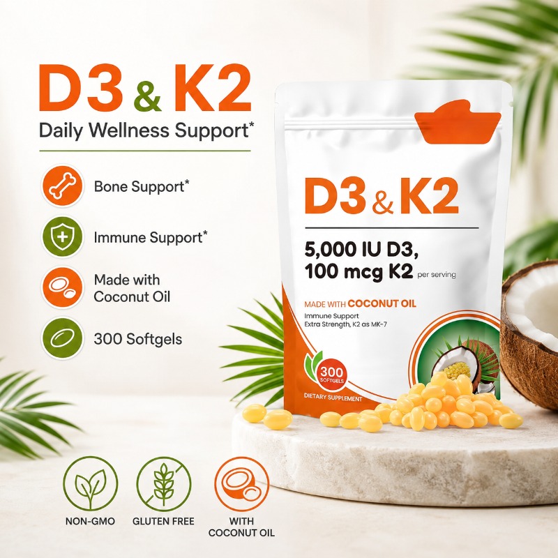 Vitamin D3 K2 Drop - ビタミンD3 K2ソフトジェル（ココナッツオイル配合）、5000IU D3＆100mcg K2 MK-7、男性と女性のための毎日の骨の健康サポート、300カプセル