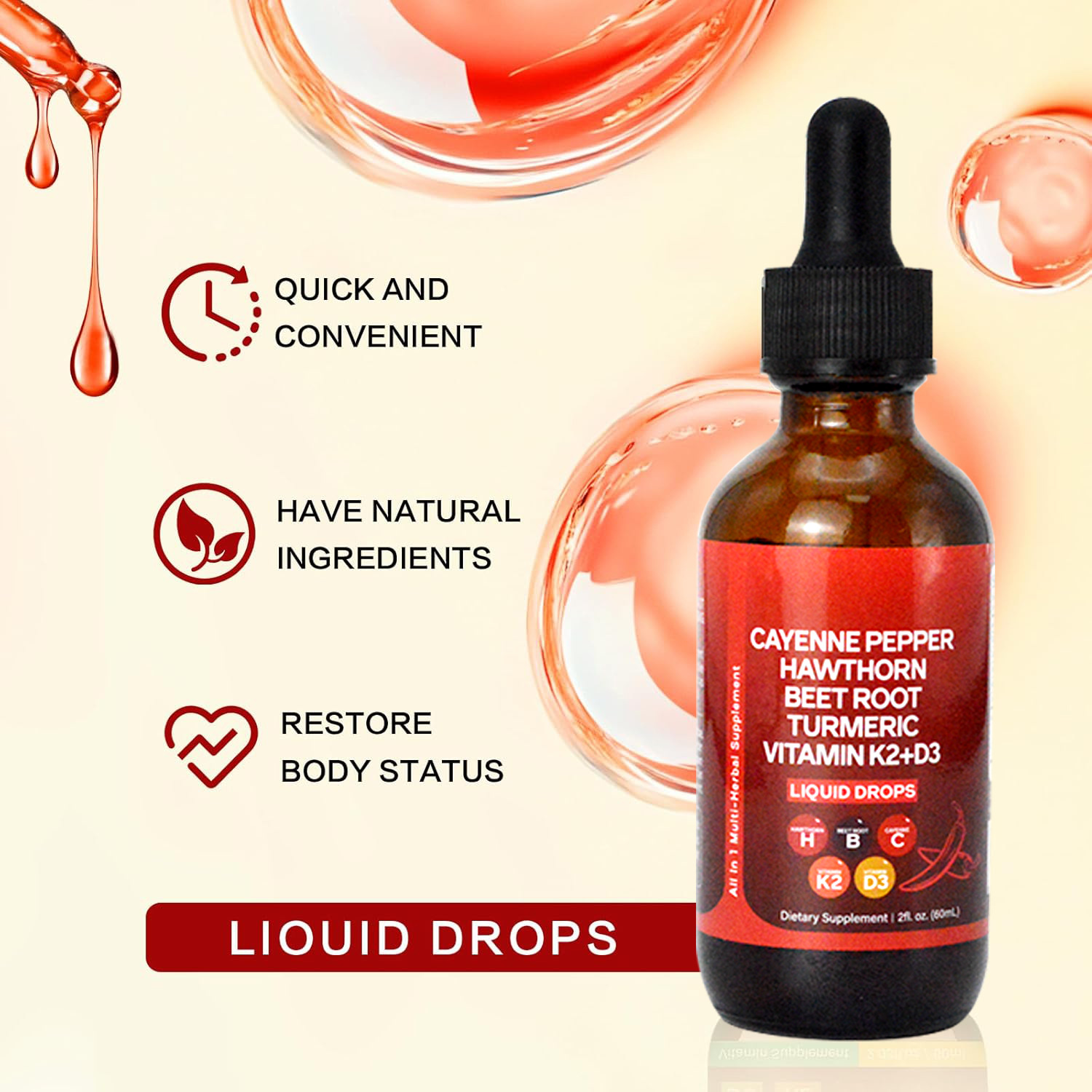 60ML 液体カイエンペッパー液 オーガニックホーソンビート - Vitamin D3 K2 Drop のレビューと価格